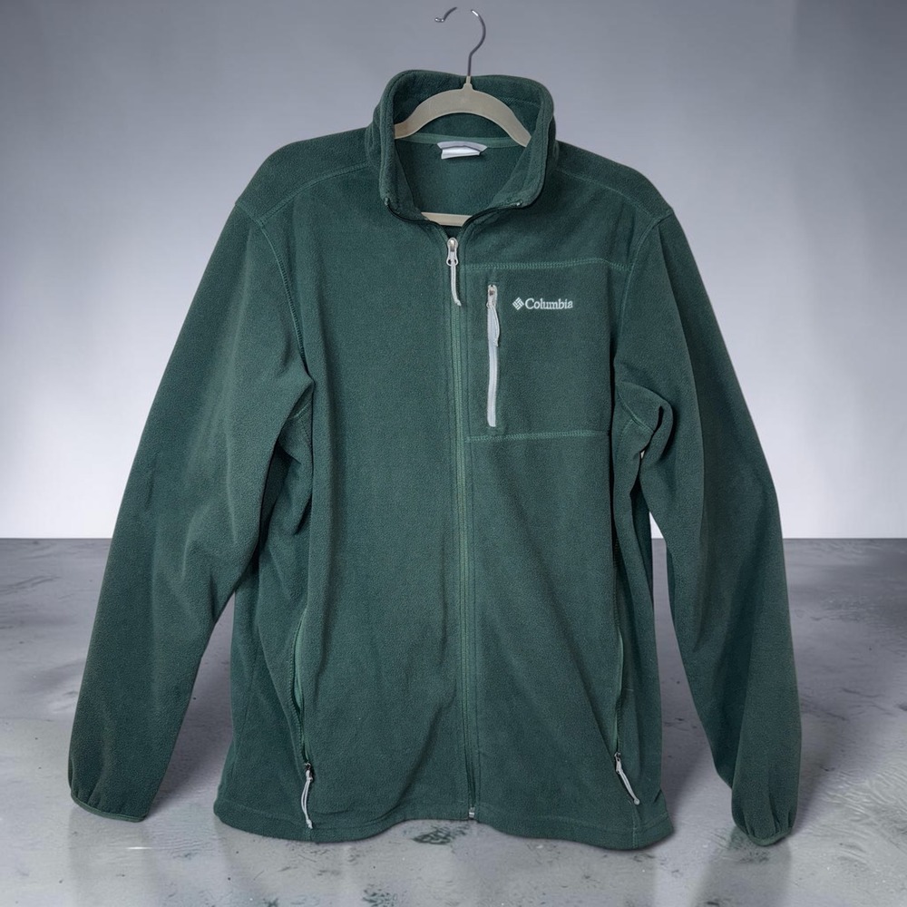 Columbia Fleece Jacket Mens Large Dark Green Full Zip Chest Pocket Hiking XM1507